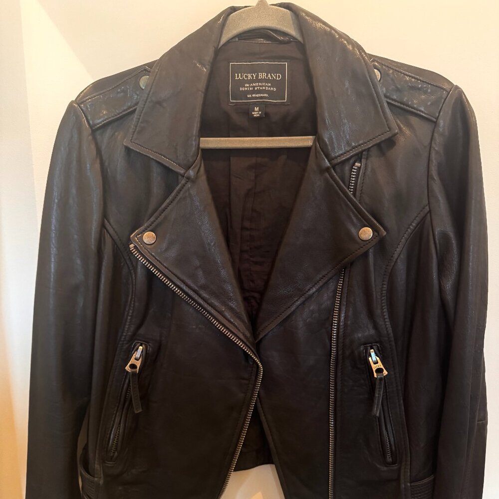 Lucky Brand Black Moto Biker Jacket – Size M 100% Soft Lamb Leather